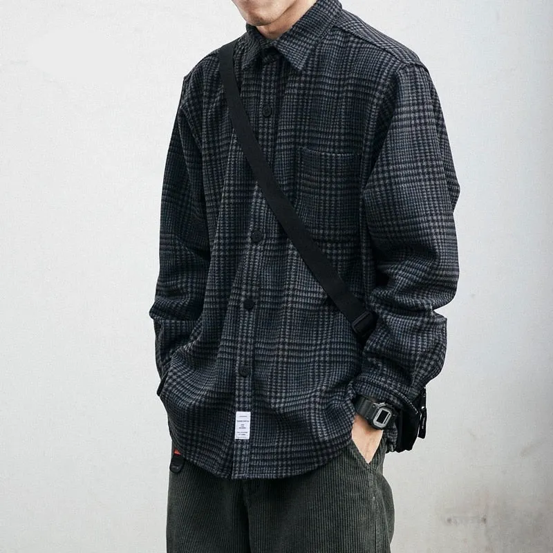 Jinquedai High Quality Thick Woolen Shirt Men Clothing Japanese Streetwear Lapel Long Sleeve Casual Plaid Top Harajuku Coats Male