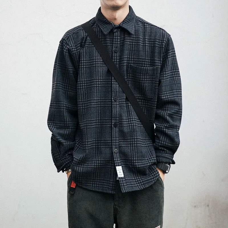 Jinquedai High Quality Thick Woolen Shirt Men Clothing Japanese Streetwear Lapel Long Sleeve Casual Plaid Top Harajuku Coats Male
