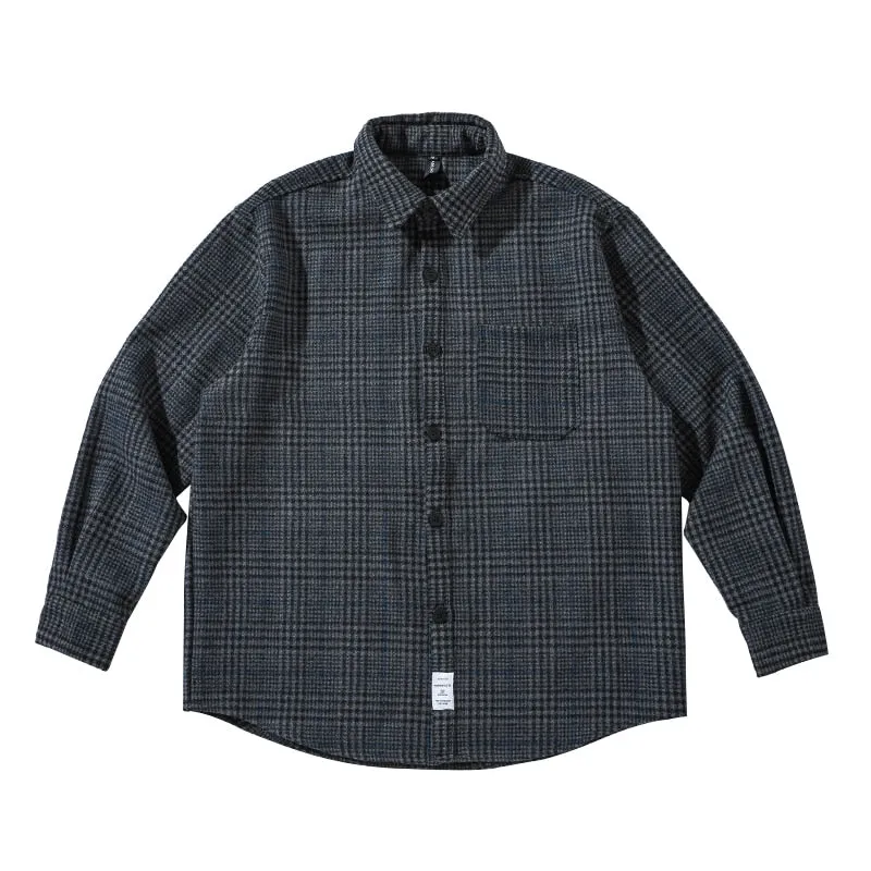 Jinquedai High Quality Thick Woolen Shirt Men Clothing Japanese Streetwear Lapel Long Sleeve Casual Plaid Top Harajuku Coats Male