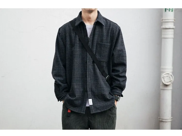 Jinquedai High Quality Thick Woolen Shirt Men Clothing Japanese Streetwear Lapel Long Sleeve Casual Plaid Top Harajuku Coats Male