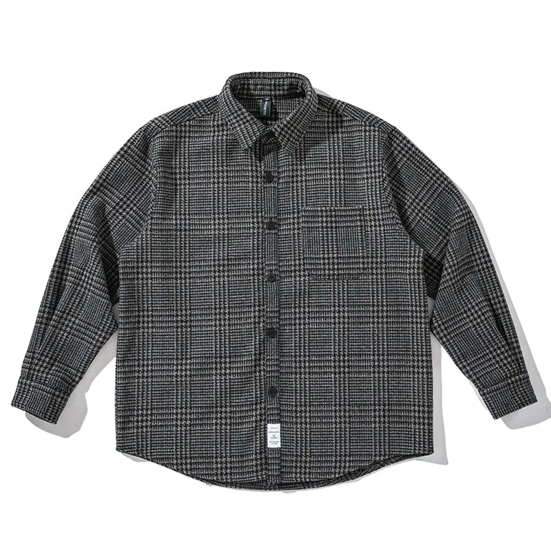 Jinquedai High Quality Thick Woolen Shirt Men Clothing Japanese Streetwear Lapel Long Sleeve Casual Plaid Top Harajuku Coats Male