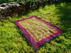 Kashmiri Gabba: Unique Handmade Wool Blanket Rug Boho Style Throw Blanket with Colorful Embroidery -Hippie Floor Seating Meditation decor