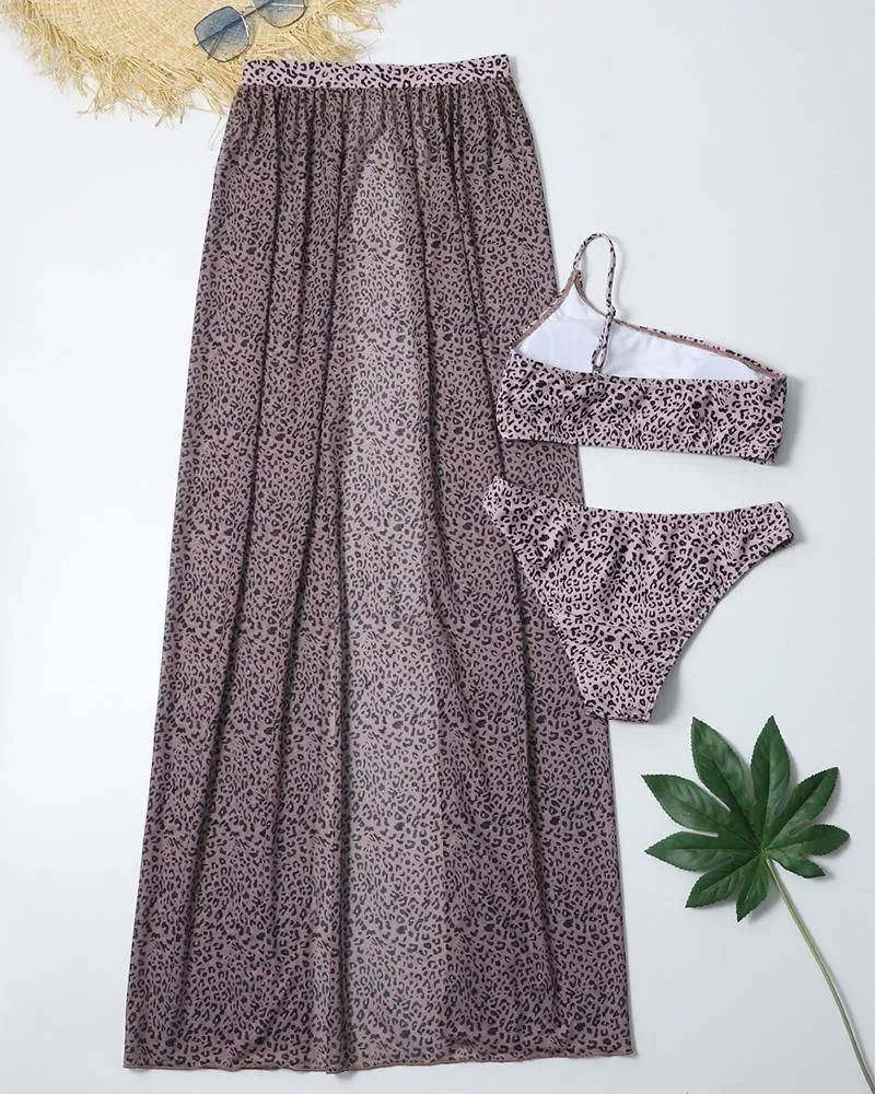 Leopard Strap Cropped Tanks With Panties And Slit Skirts Bikini Sets