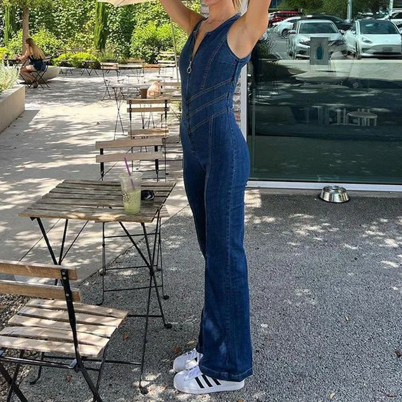 Love Heart Cut Out Zipper Wide Leg Palazzo Denim Jumpsuit