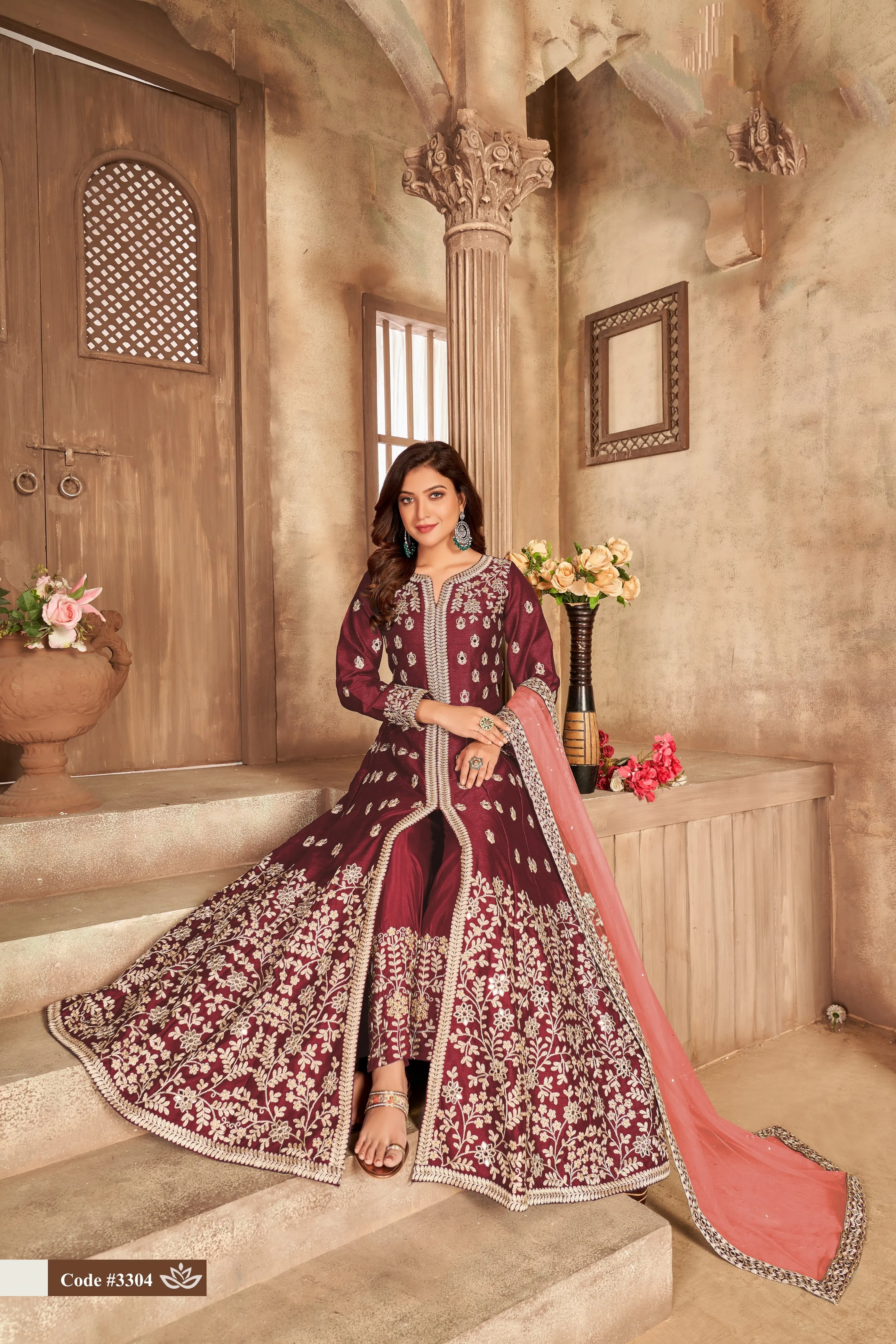 Maroon Heavy Embroidered Anarkali Salwar Suit