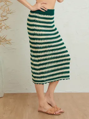 Piece Knitted Set Short Sleeve Short Long Hollow Out Button Down Top Stripe Streetwear Two Skirt