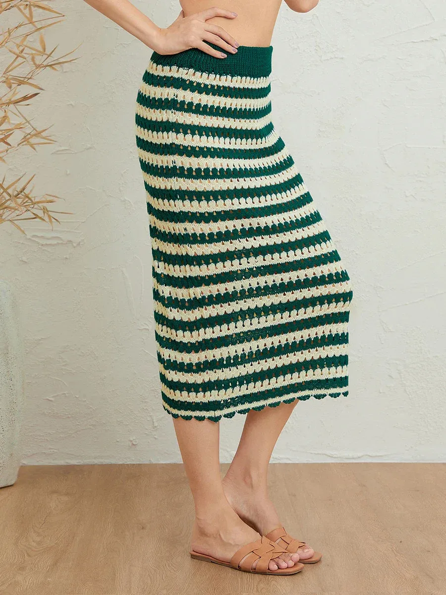 Piece Knitted Set Short Sleeve Short Long Hollow Out Button Down Top Stripe Streetwear Two Skirt