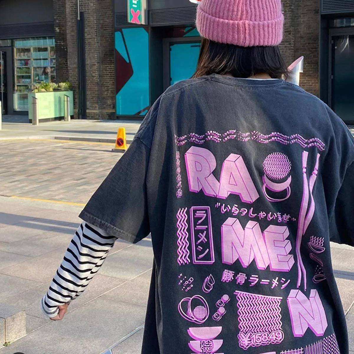 Ramen Glitch Wave Striped Sleeve Top