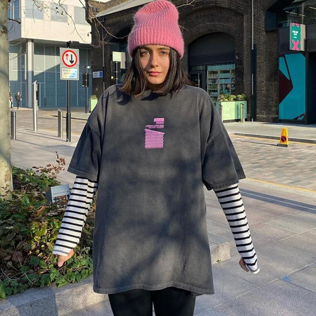 Ramen Glitch Wave Striped Sleeve Top