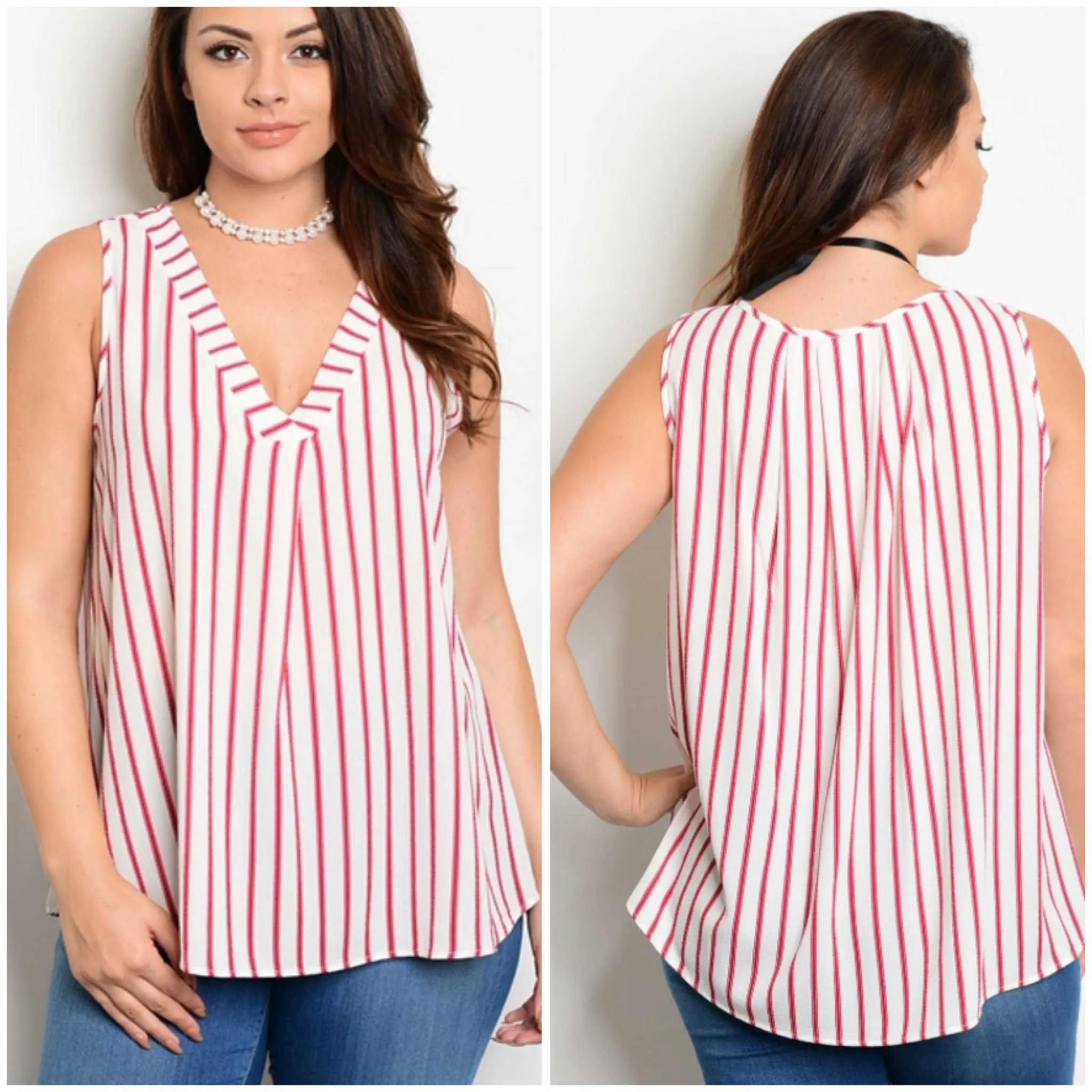Stylish Red and Ivory Striped Sleeveless Blouse for Women – Trendy Summer Top