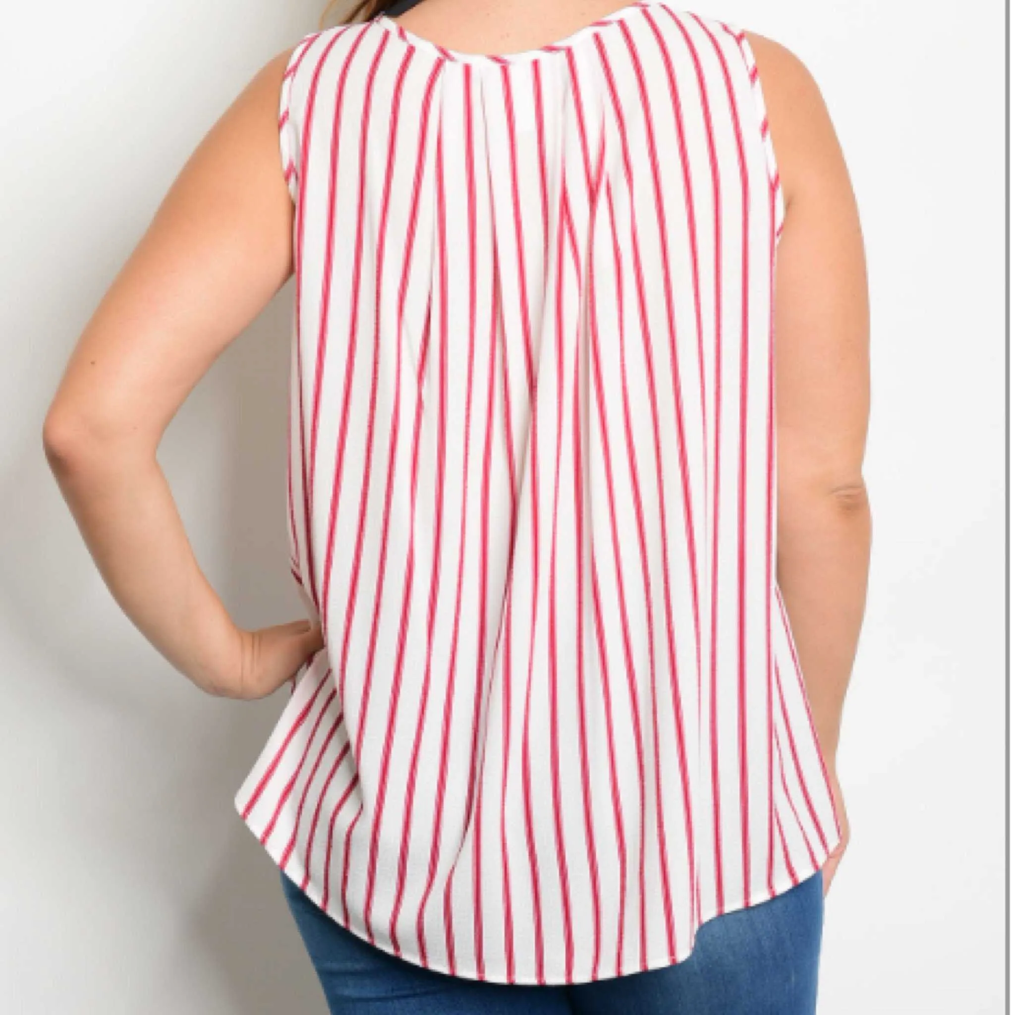 Stylish Red and Ivory Striped Sleeveless Blouse for Women – Trendy Summer Top