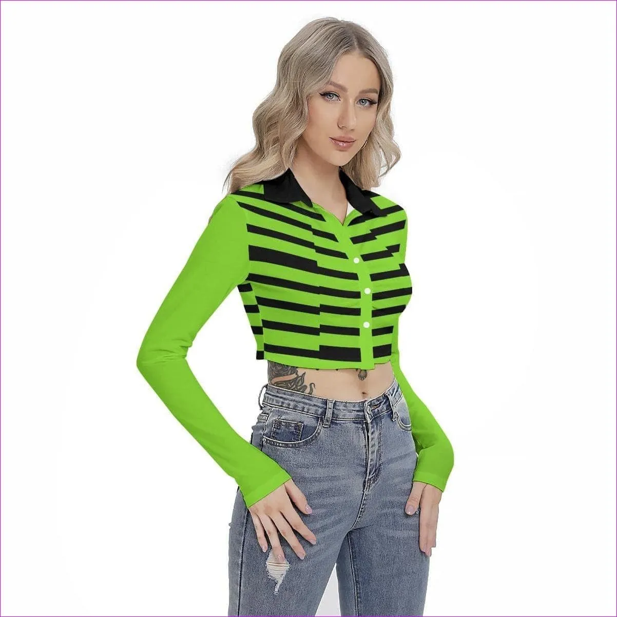 Striped Women's Cropped Blouse With Pleated Placket