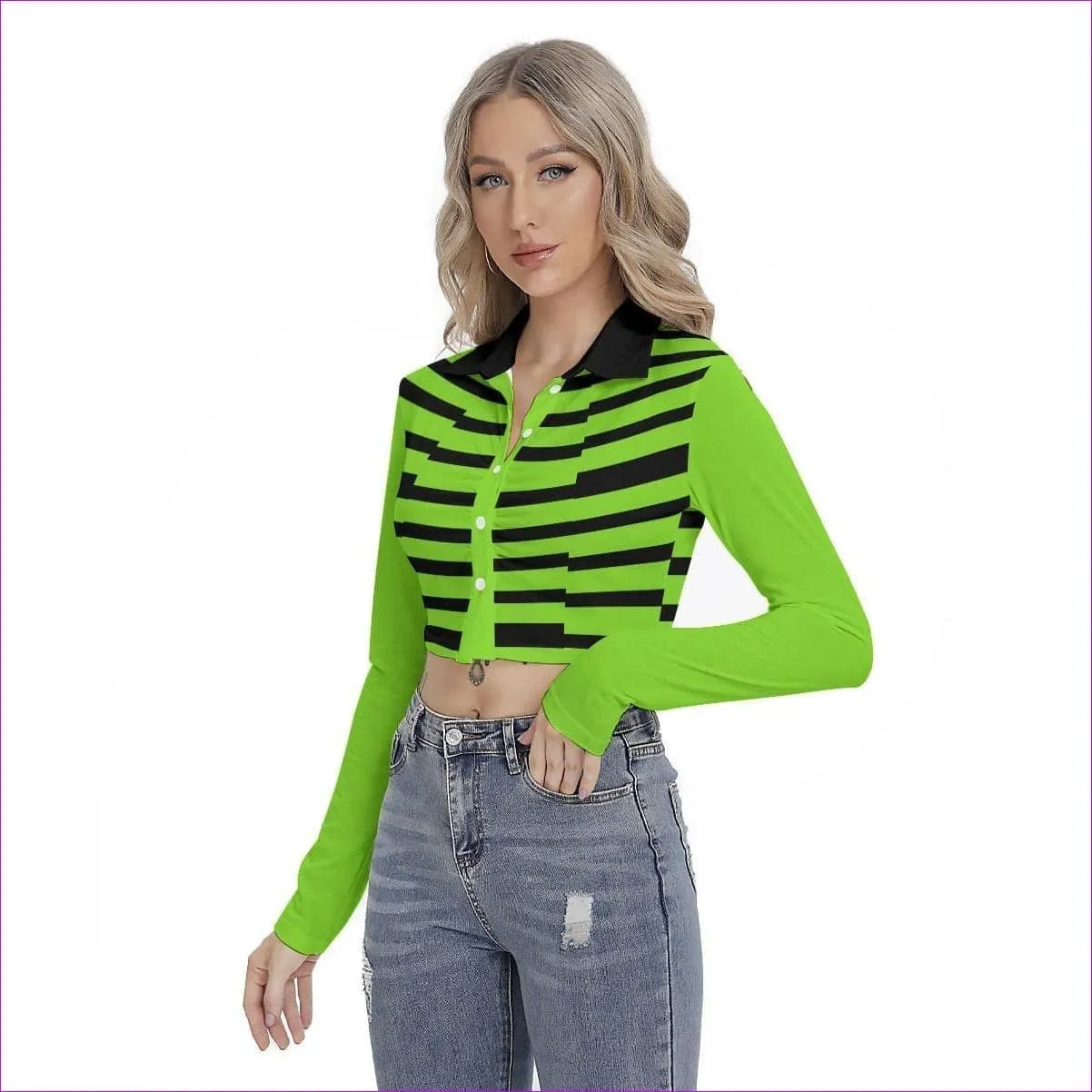 Striped Women's Cropped Blouse With Pleated Placket