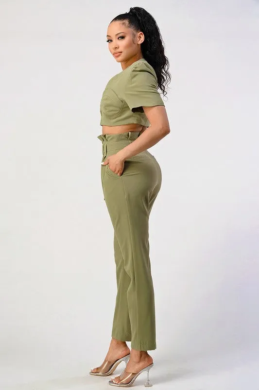 Styled in the City- Olive Crop Top Pant Set