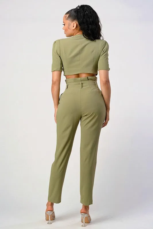 Styled in the City- Olive Crop Top Pant Set
