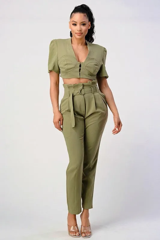 Styled in the City- Olive Crop Top Pant Set