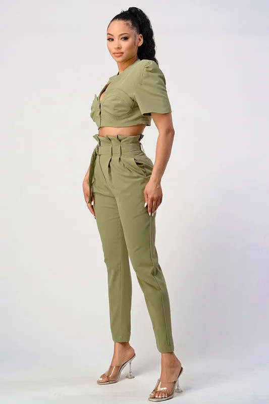 Styled in the City- Olive Crop Top Pant Set