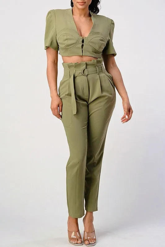 Styled in the City- Olive Crop Top Pant Set