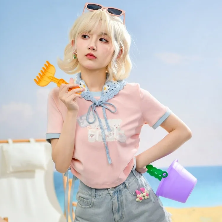 Summer Sweet Girl Style Pink Solid Color Short T-shirt
