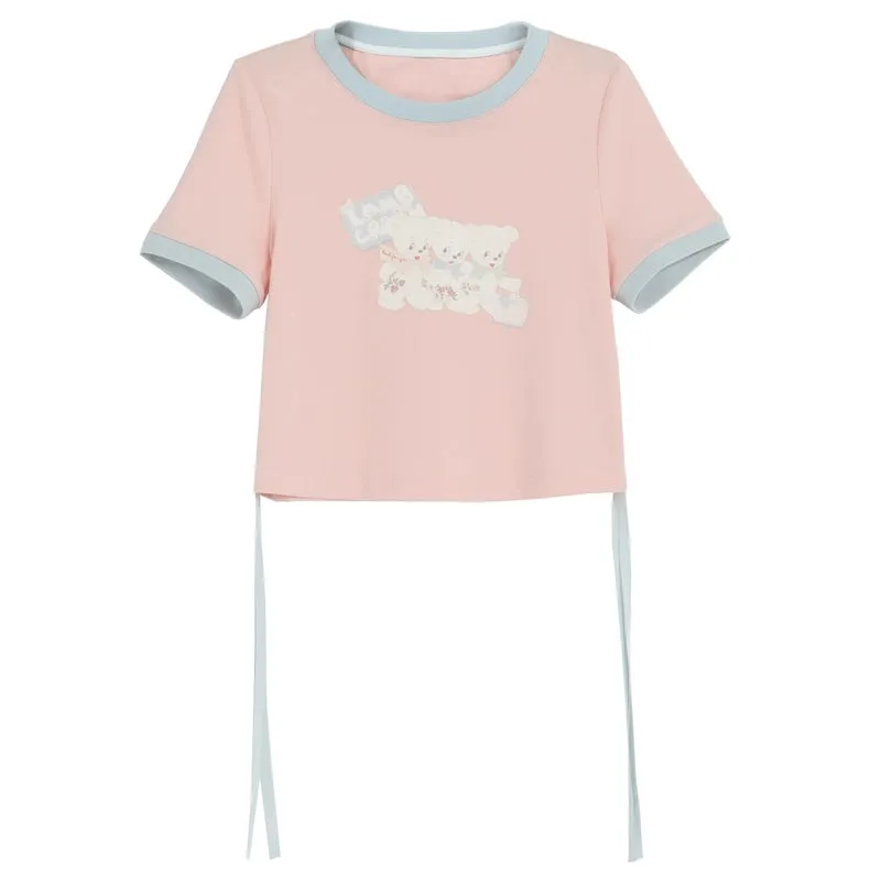 Summer Sweet Girl Style Pink Solid Color Short T-shirt