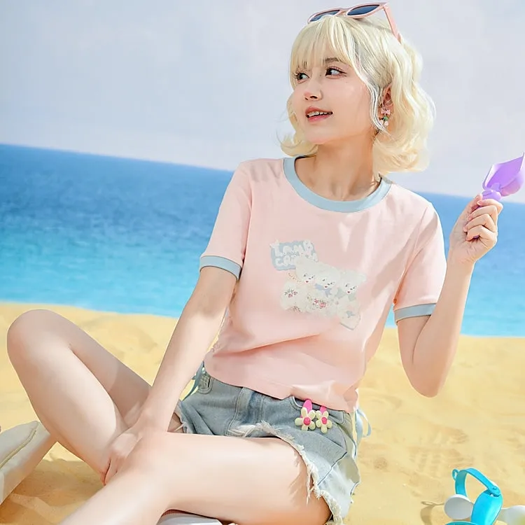 Summer Sweet Girl Style Pink Solid Color Short T-shirt