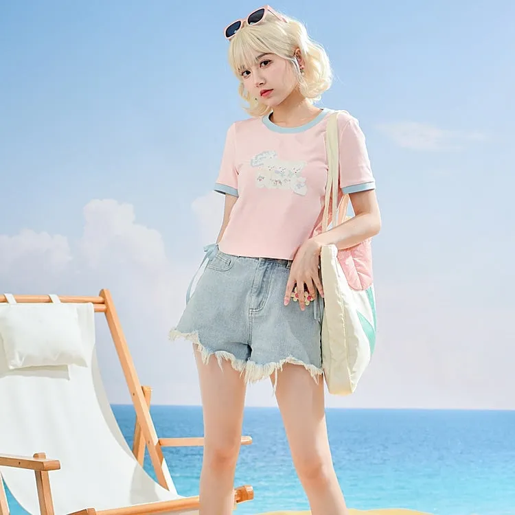Summer Sweet Girl Style Pink Solid Color Short T-shirt