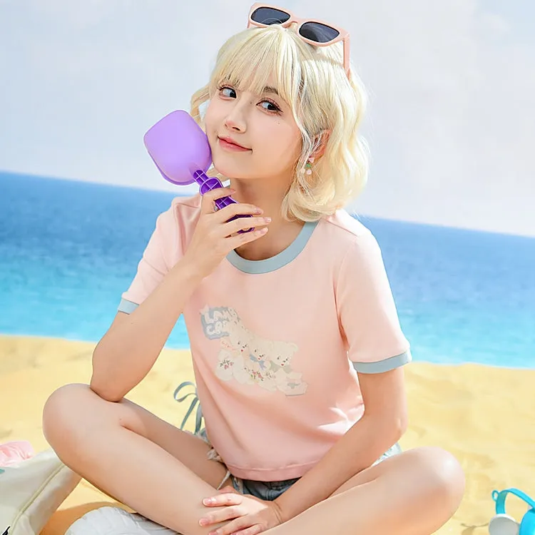 Summer Sweet Girl Style Pink Solid Color Short T-shirt