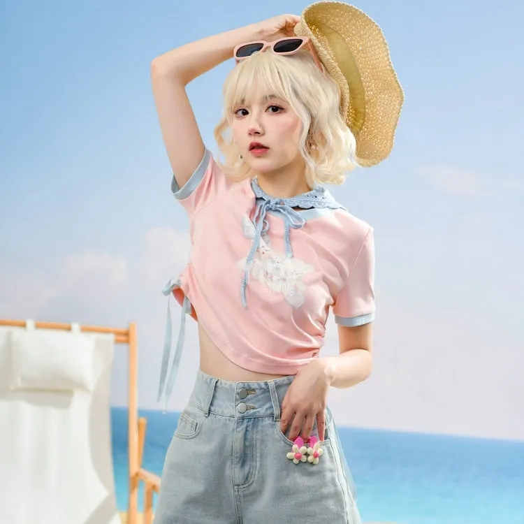 Summer Sweet Girl Style Pink Solid Color Short T-shirt