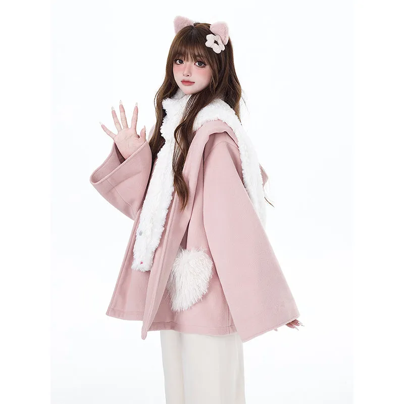 Sweet Girly Style Pink Loving Heart Pocket Coat