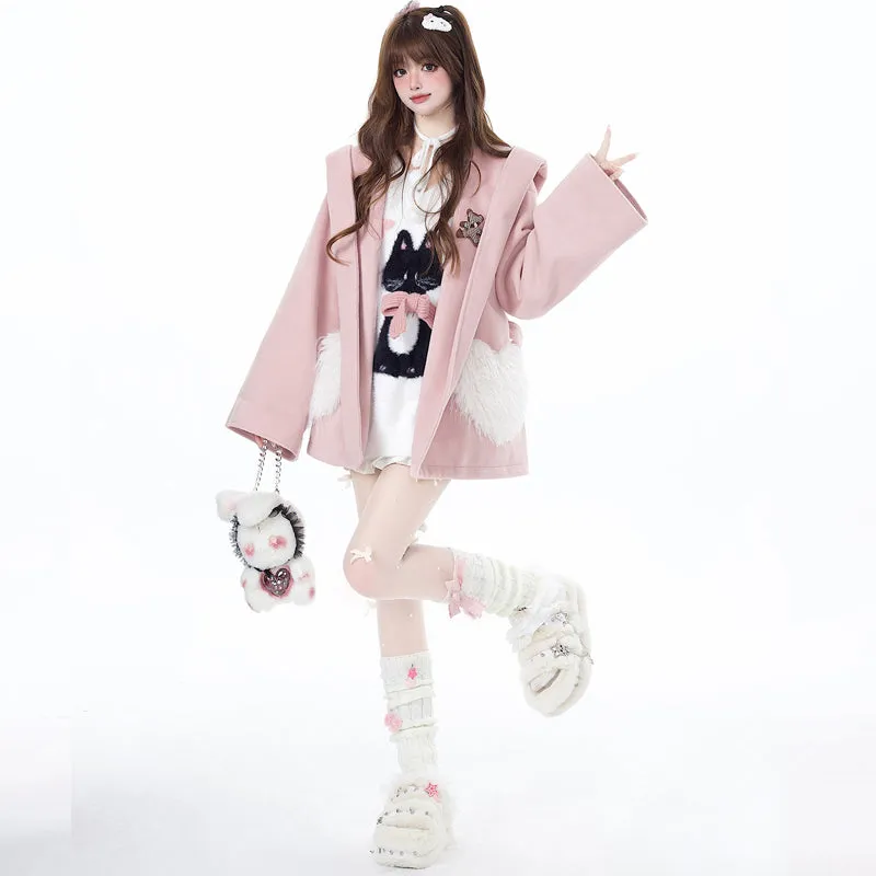 Sweet Girly Style Pink Loving Heart Pocket Coat