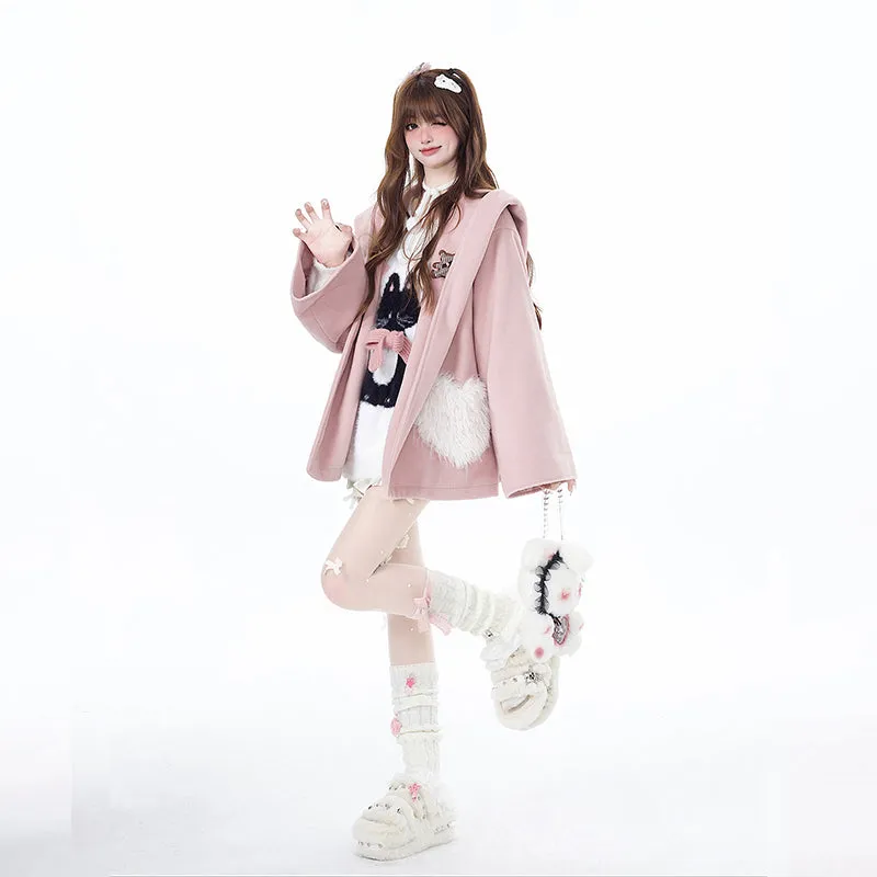 Sweet Girly Style Pink Loving Heart Pocket Coat
