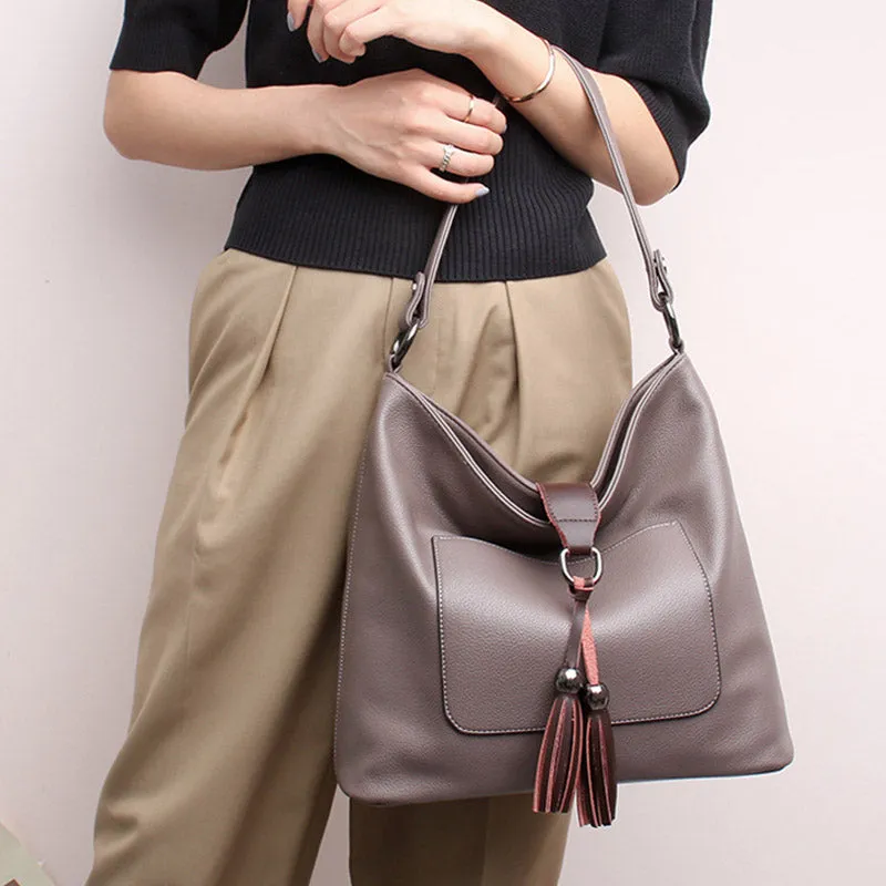 Tassel Tote Elegant Solid Color Leather Purse For Commuter
