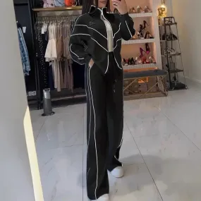 UAKISS  -  Spring Autumn Long Sleeve Zip Sweatshirt&Drawstring Pants Suit 2025 Stitching Striped Two Piece Outfits Women Sportwear Sets