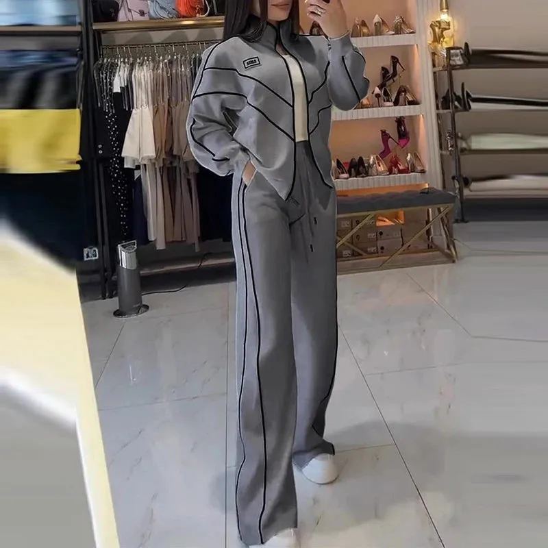 UAKISS  -  Spring Autumn Long Sleeve Zip Sweatshirt&Drawstring Pants Suit 2025 Stitching Striped Two Piece Outfits Women Sportwear Sets
