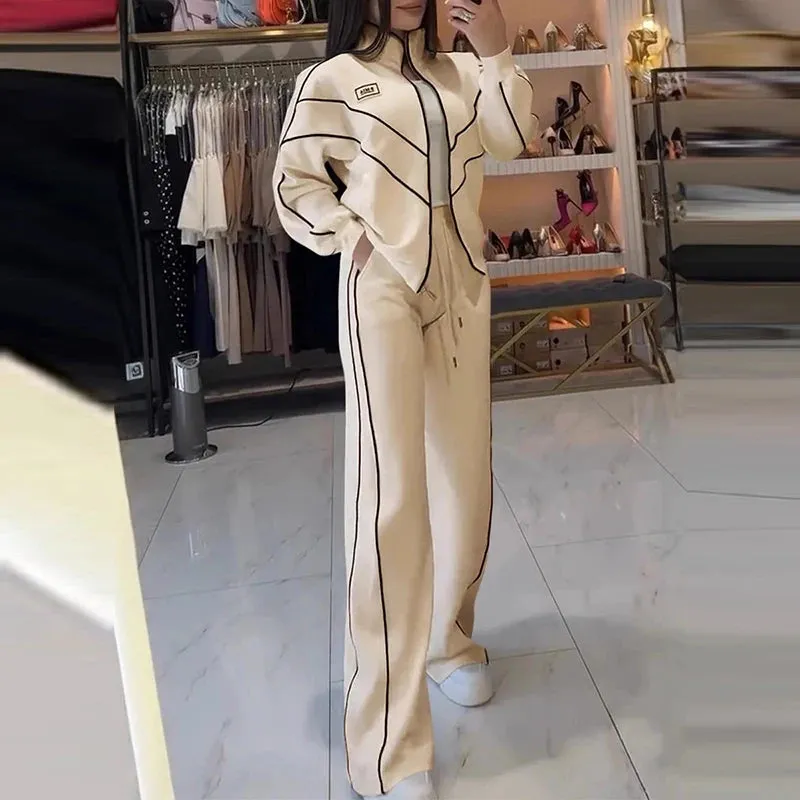 UAKISS  -  Spring Autumn Long Sleeve Zip Sweatshirt&Drawstring Pants Suit 2025 Stitching Striped Two Piece Outfits Women Sportwear Sets