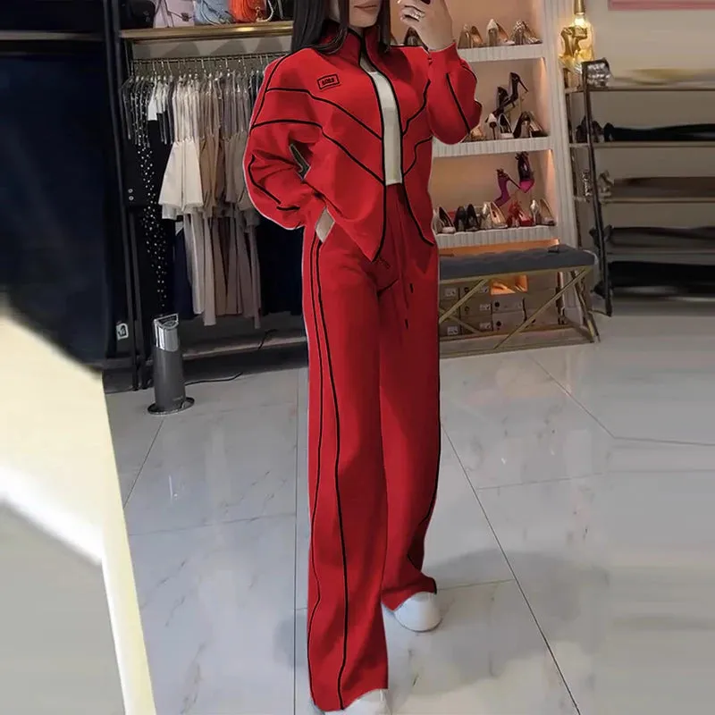 UAKISS  -  Spring Autumn Long Sleeve Zip Sweatshirt&Drawstring Pants Suit 2025 Stitching Striped Two Piece Outfits Women Sportwear Sets