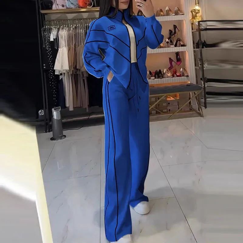 UAKISS  -  Spring Autumn Long Sleeve Zip Sweatshirt&Drawstring Pants Suit 2025 Stitching Striped Two Piece Outfits Women Sportwear Sets