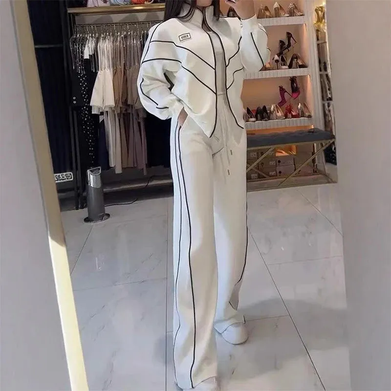 UAKISS  -  Spring Autumn Long Sleeve Zip Sweatshirt&Drawstring Pants Suit 2025 Stitching Striped Two Piece Outfits Women Sportwear Sets