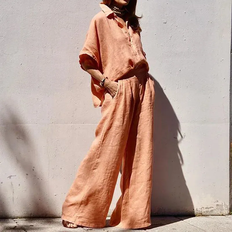 UAKISS  -  Spring Summer Wide Leg Pants Loose Outfit, Women Fashion Single-Breasted 2PCS Matching Sets, Turn-Down Collar Solid Ladies Suits