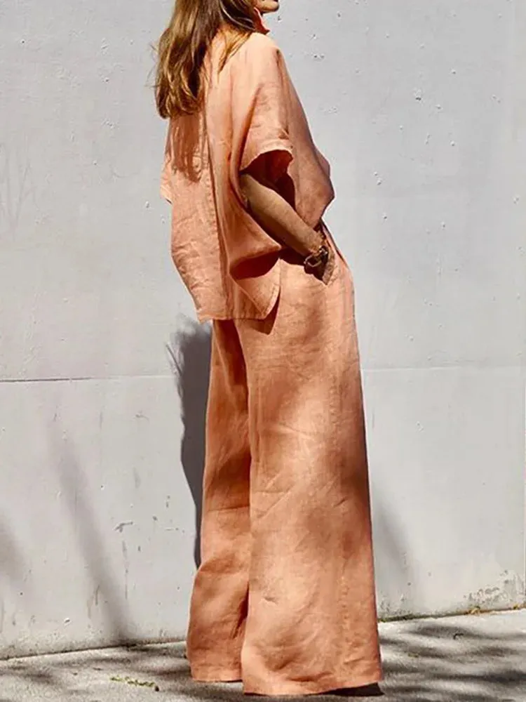 UAKISS  -  Spring Summer Wide Leg Pants Loose Outfit, Women Fashion Single-Breasted 2PCS Matching Sets, Turn-Down Collar Solid Ladies Suits