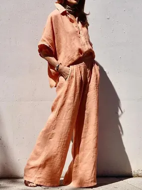 UAKISS  -  Spring Summer Wide Leg Pants Loose Outfit, Women Fashion Single-Breasted 2PCS Matching Sets, Turn-Down Collar Solid Ladies Suits