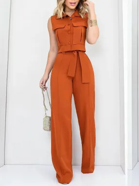 UAKISS  -  Women Single-Breasted Solid Top 2PCS Outfit, Spring Summer Loungewear Wide Leg Pants Matching Sets, Lace-Up Elegant Ladies Suits