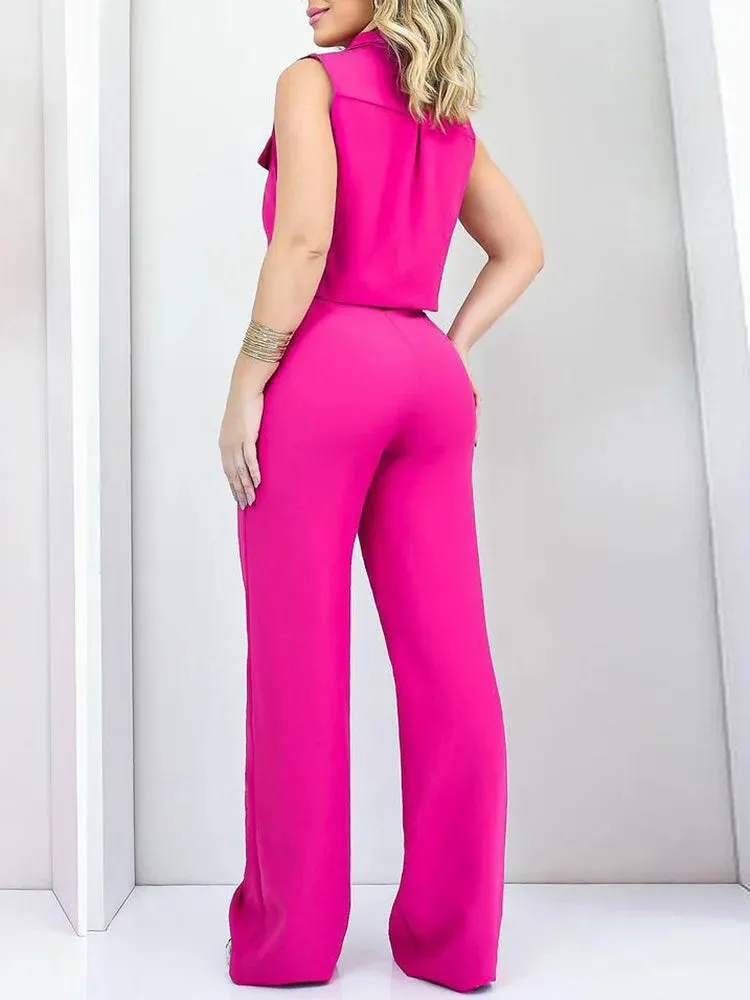 UAKISS  -  Women Single-Breasted Solid Top 2PCS Outfit, Spring Summer Loungewear Wide Leg Pants Matching Sets, Lace-Up Elegant Ladies Suits