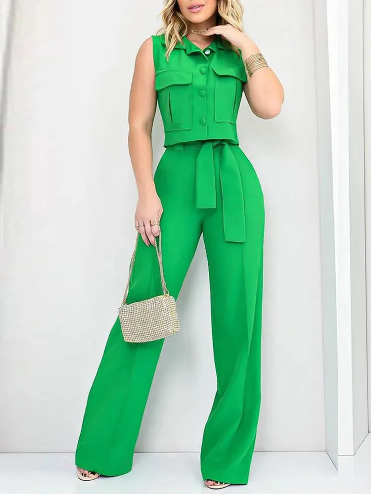 UAKISS  -  Women Single-Breasted Solid Top 2PCS Outfit, Spring Summer Loungewear Wide Leg Pants Matching Sets, Lace-Up Elegant Ladies Suits