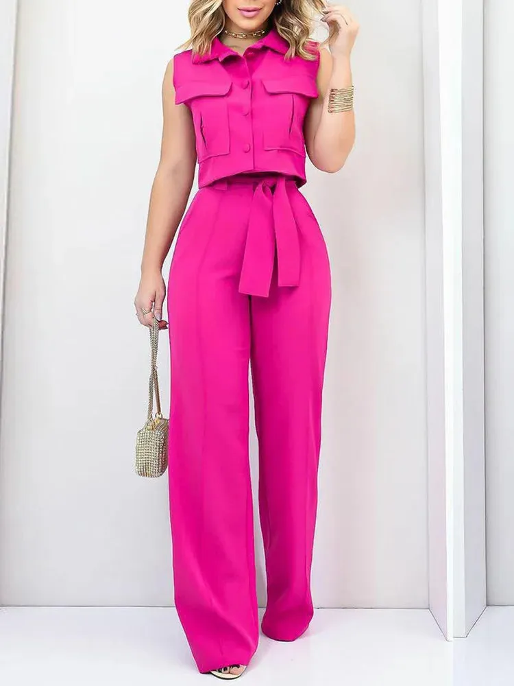 UAKISS  -  Women Single-Breasted Solid Top 2PCS Outfit, Spring Summer Loungewear Wide Leg Pants Matching Sets, Lace-Up Elegant Ladies Suits