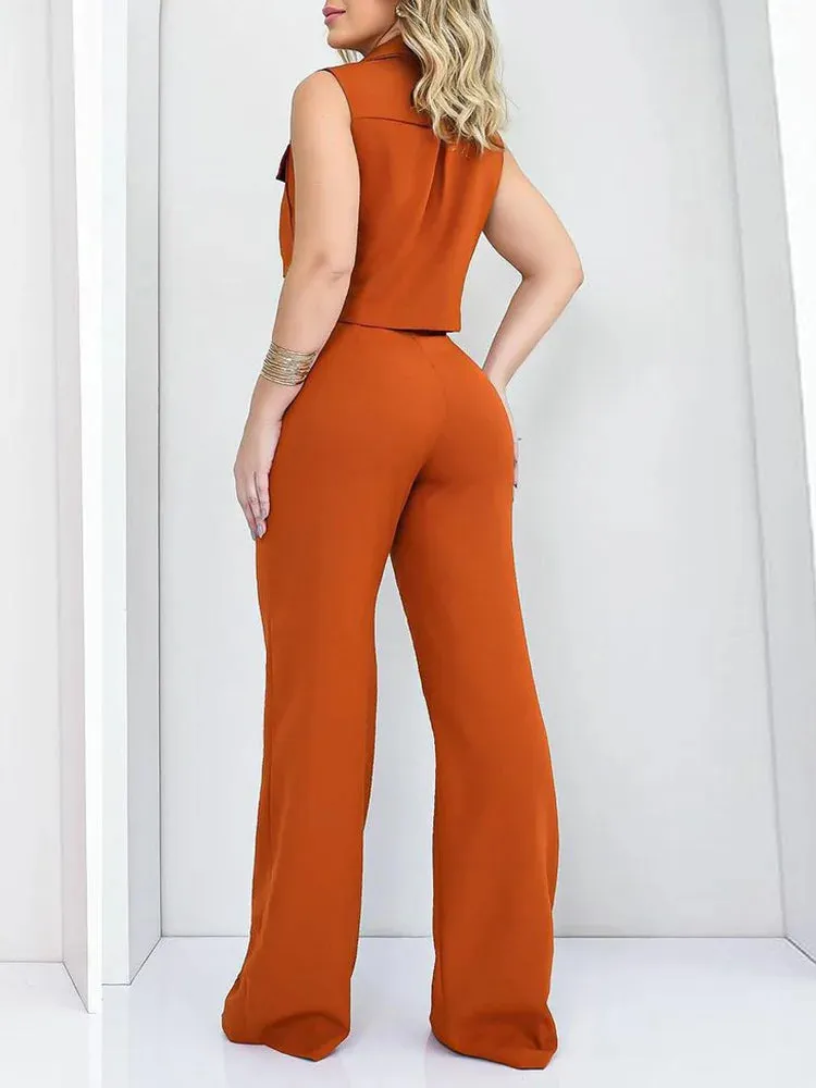 UAKISS  -  Women Single-Breasted Solid Top 2PCS Outfit, Spring Summer Loungewear Wide Leg Pants Matching Sets, Lace-Up Elegant Ladies Suits