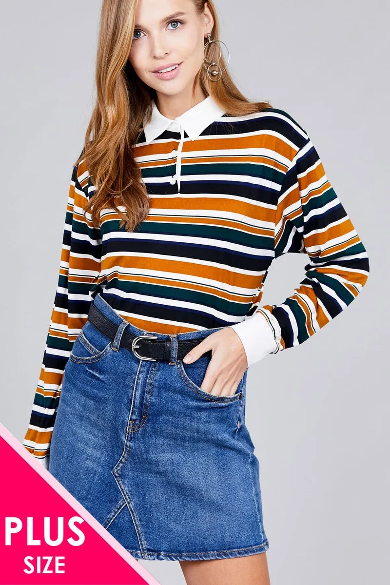 Voluptuous ( ) Plus Size Long Sleeve Multi Striped DTY Brushed Shirts