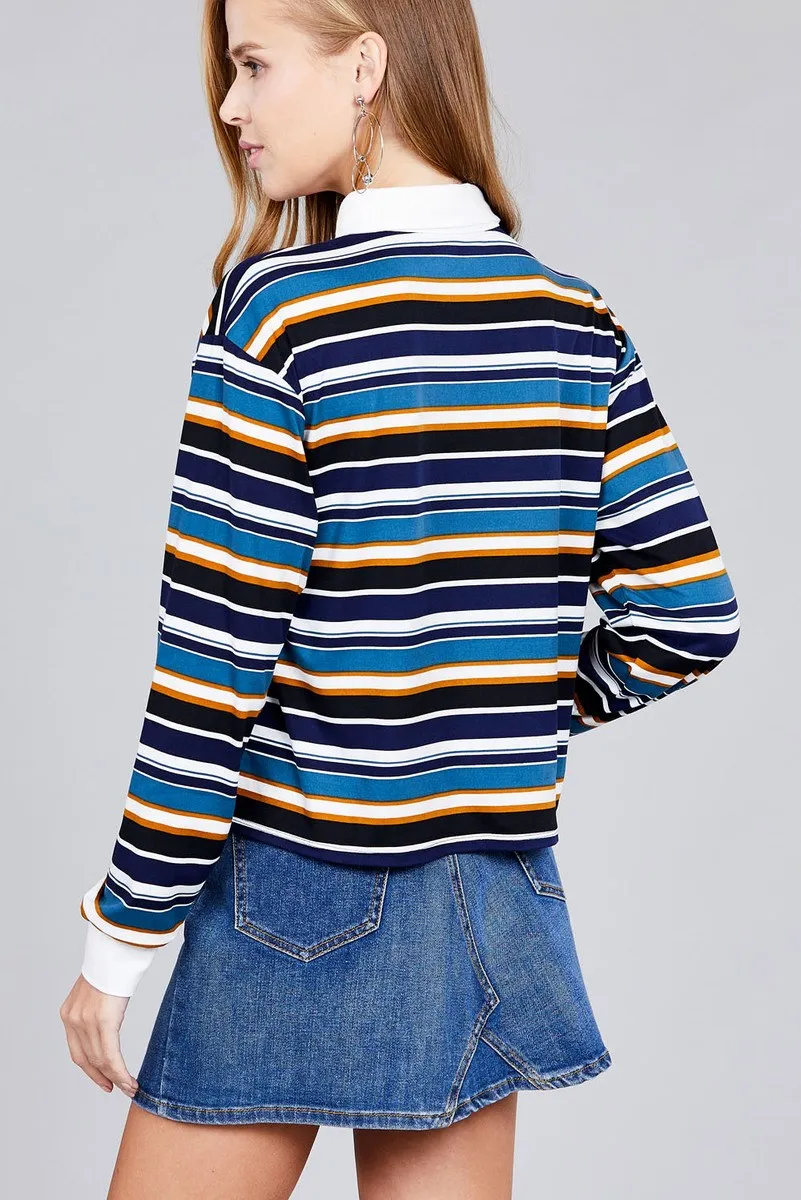 Voluptuous ( ) Plus Size Long Sleeve Multi Striped DTY Brushed Shirts
