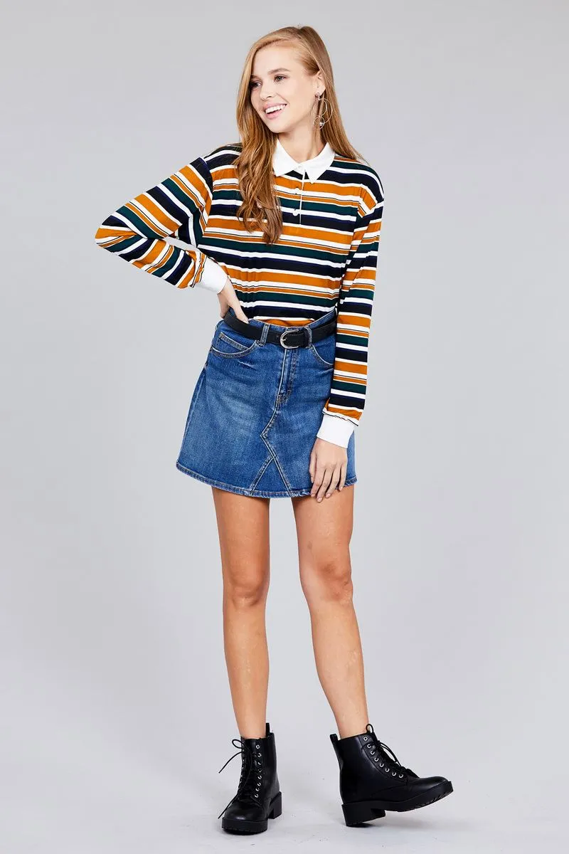 Voluptuous ( ) Plus Size Long Sleeve Multi Striped DTY Brushed Shirts