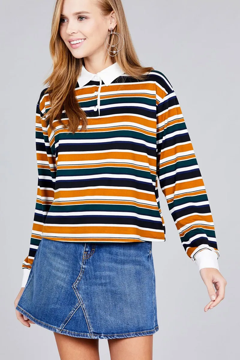 Voluptuous ( ) Plus Size Long Sleeve Multi Striped DTY Brushed Shirts